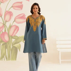 Teal Blue Cotton Kurti with Golden Kashmiri Aari Embroidery