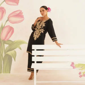 Black Cotton Coordset with Beige Floral Embroidery