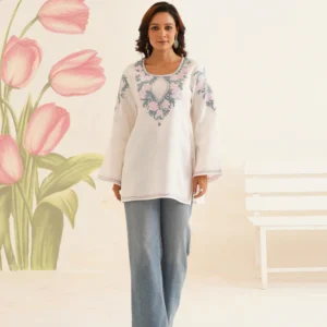 White Cotton Kurti with Pink & Blue Floral Embroidery