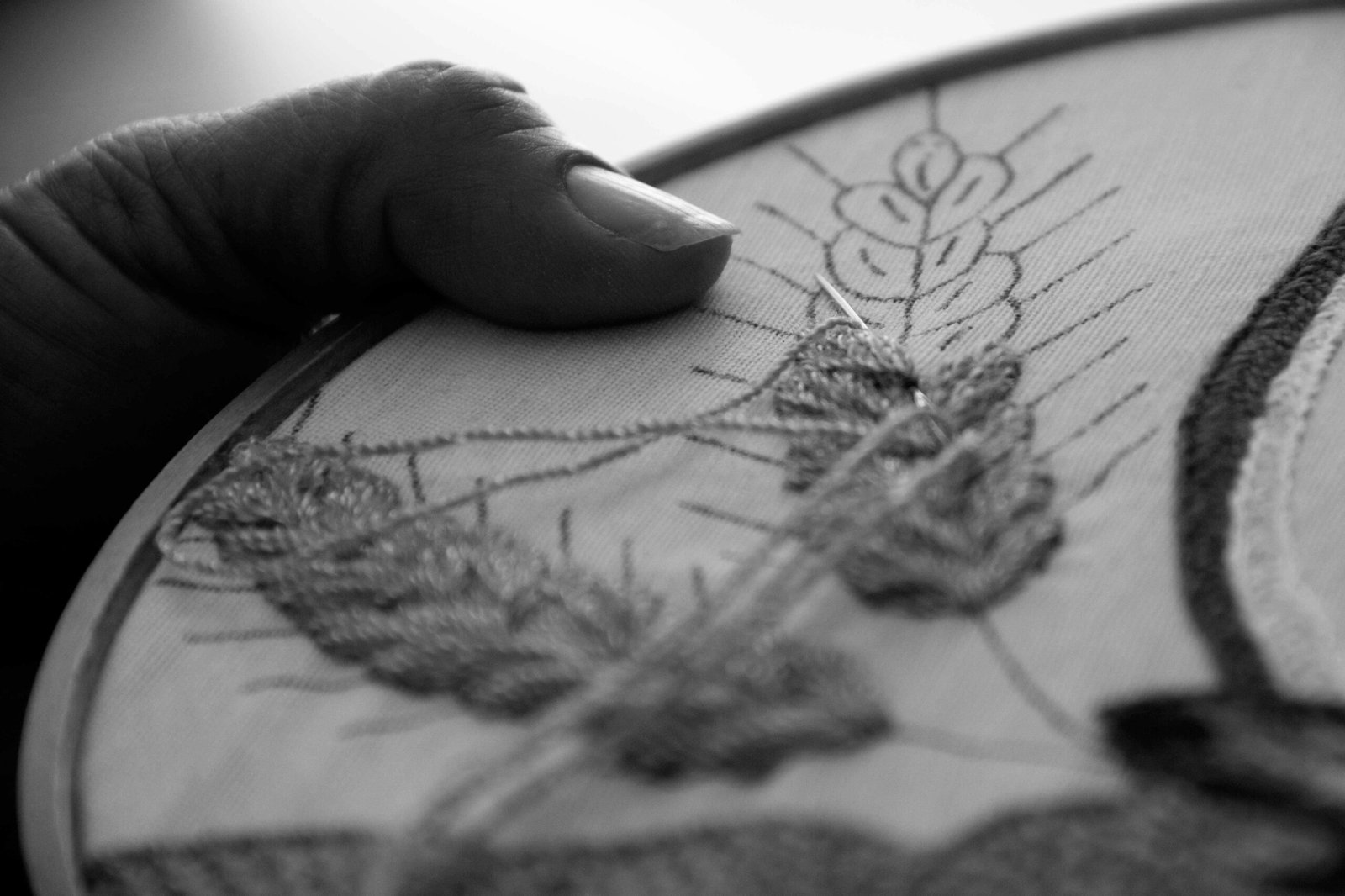 Black-and-white close-up of intricate hand embroidery in progress.
